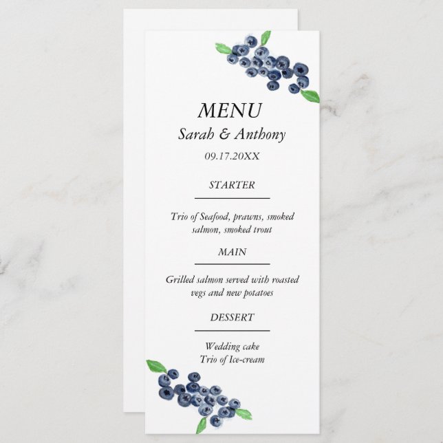 Menu Fruta Azul Comida de Casamento por Aquarela Azul (Frente/Verso)