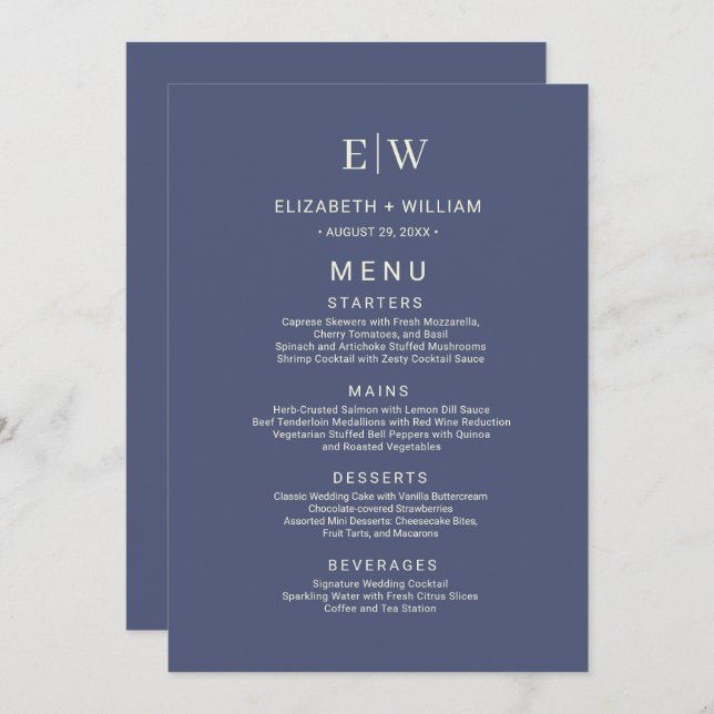 Menu Futuro Simples Elegante com Casamento Monograma (Frente/Verso)