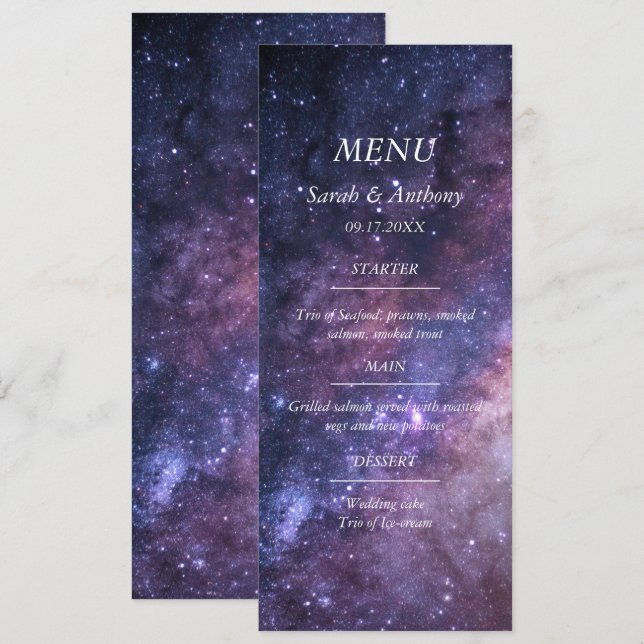 Menu Galaxy Celestial Stars Night Sky Comida de Casamen (Frente/Verso)