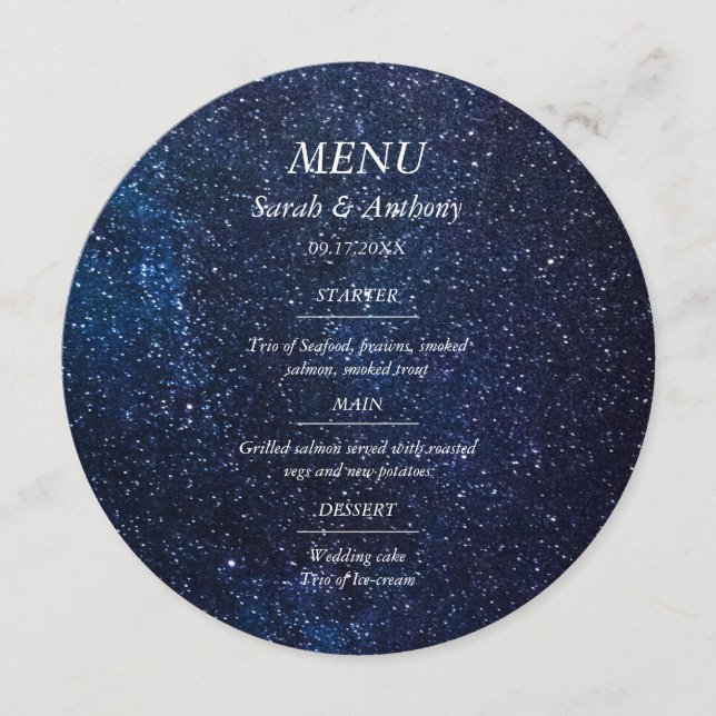 Menu Galaxy Celestial Stars Night Sky Comida de Casamen (Frente)