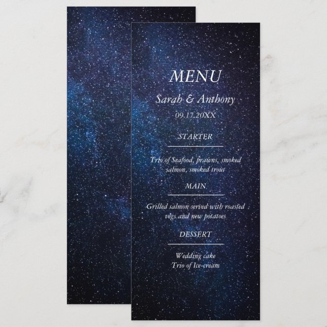Menu Galaxy Celestial Stars Night Sky Comida de Casamen (Frente/Verso)
