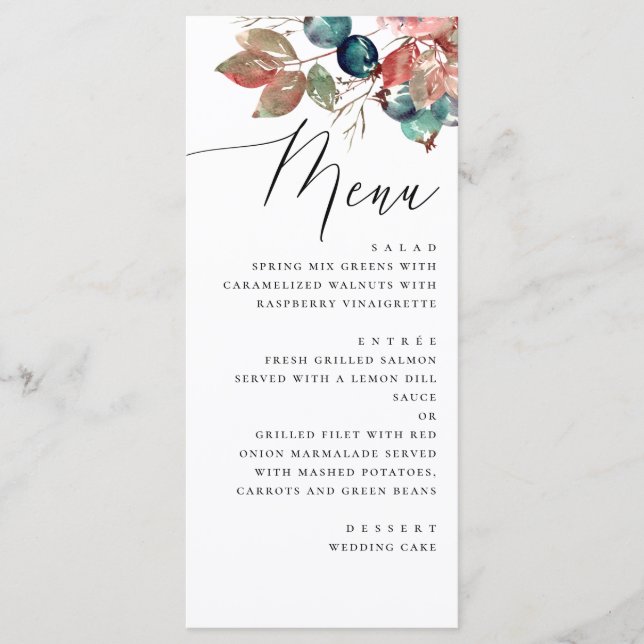 Menu Garden Fall Wedding | Watercolor Berry Leaves (Frente)