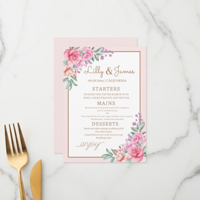 Menu Geométrico de Casamento Rosa Floral (Frente/Verso In Situ)