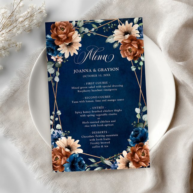 Menu Geométrico do Terracotta Marinho Blue Greener (Terracotta Navy Blue Greenery Geometric Menu)