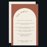 Menu Geométrico Mínimo de Casamento do Terraço Ter<br><div class="desc">Este cardápio moderno de casamento com a letra minimalista é perfeito para um casamento moderno, casamento mínimo ou qualquer outra celebração. Este modelo de menu apresenta um fundo de terracota e um arco em branco creme. Todos os elementos de texto e cores deste cartão de menu de casamento podem ser...</div>