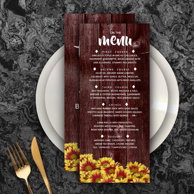 Menu Girassóis de outono russos no casamento de cerca (Rustic Autumn Sunflowers on Fence Wedding Menu Rack Card Cover Photo.)