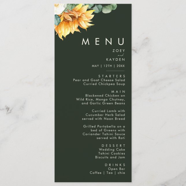 Menu Girassol do País Negrito | Janto de Casamento Verd (Frente)