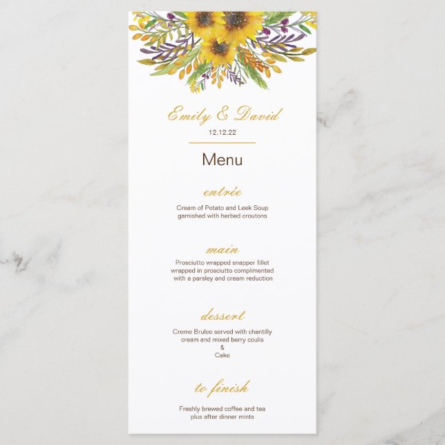 Menu Girassol, Menu de Casamento, Chás de Bebê (Frente)