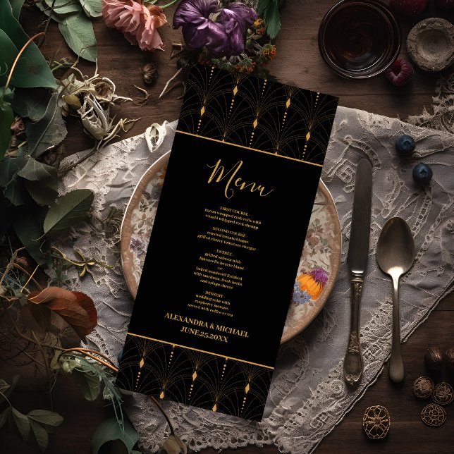 Menu Glam Art Deco Black Gatsby 1920 Style Casamento (Criador carregado)
