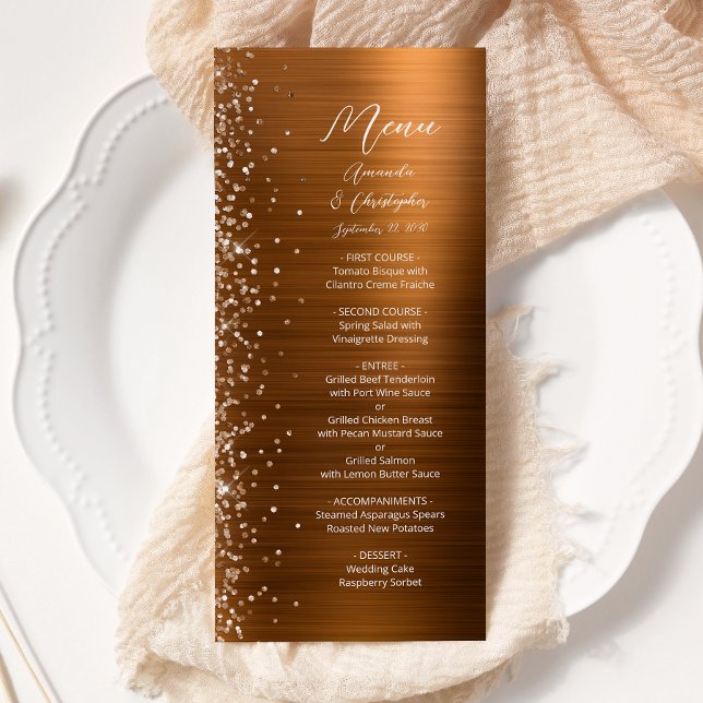 Menu Glam Copper Glitter Brushed Metal Wedding (Criador carregado)
