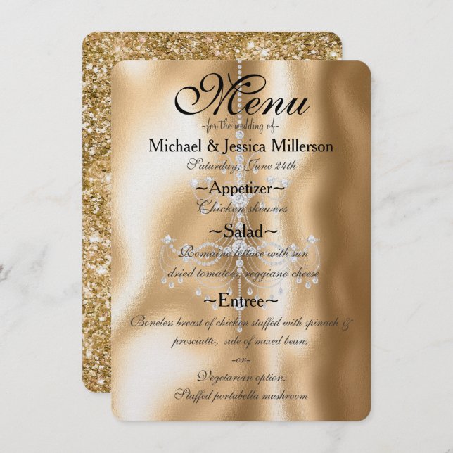 Menu Glam Dourado Diamond Chandelier Weding (Frente/Verso)