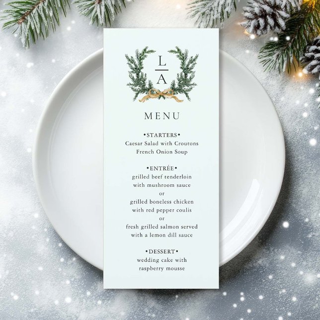 Menu Gold Bow & Evergreen Wreath Mint Wedding (Criador carregado)