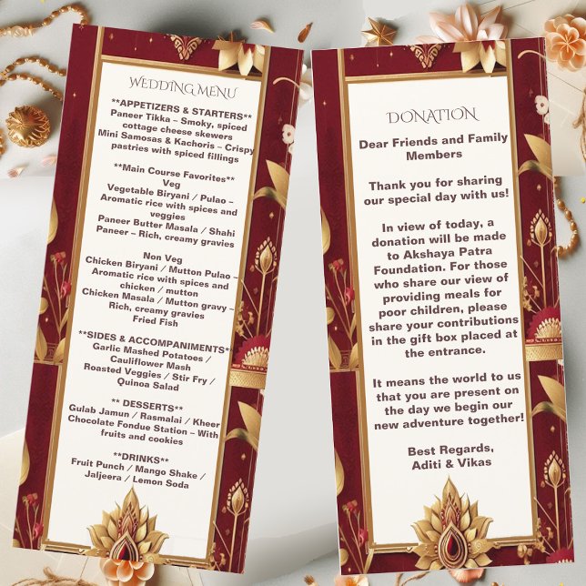 Menu Gold Floral Motif Ornate Asymmetric Indian Wedding (Gold Floral Motif Ornate Asymmetric Indian Wedding Menu)