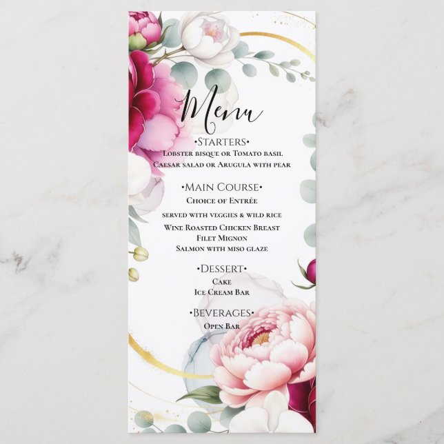 Menu Gold Halo Garden Peonies & Orchids Floral Wedding  (Frente)