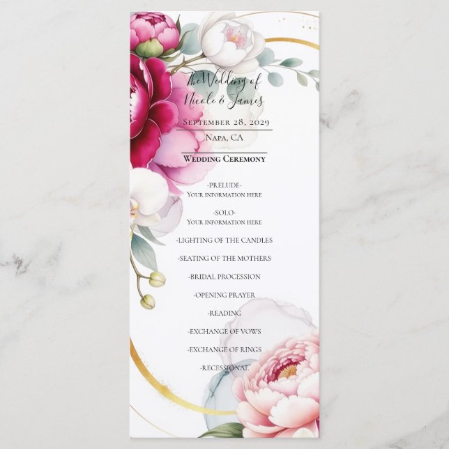 Menu Gold Halo Garden Peonies & Orchids Wedding Program (Frente)
