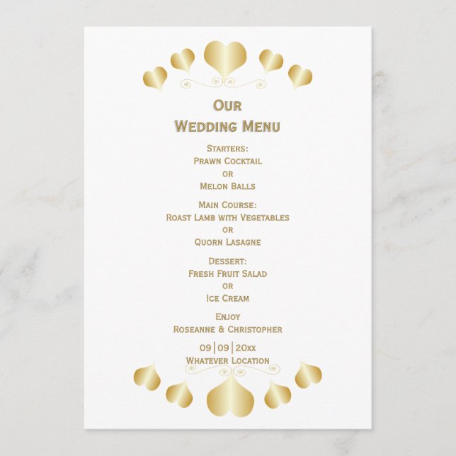 Menu Gold Hearts Design Wedding (Frente)