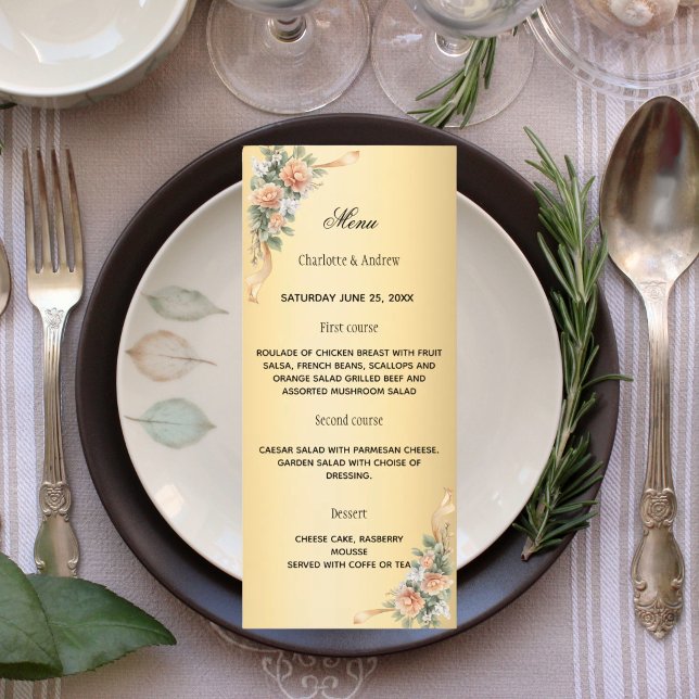 Menu Gold yellow florals ribbon  wedding anniversary (Criador carregado)