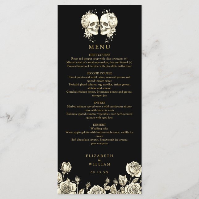 Menu Goth Skulls Floral Black And Gold Gothic Wedding (Frente)