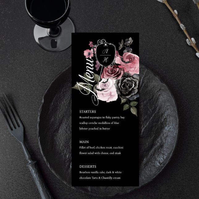 Menu Gótica Halloween Aquarela Monograma Floral Crest (Gothic Halloween Watercolor Floral Monogram Crest Menu)