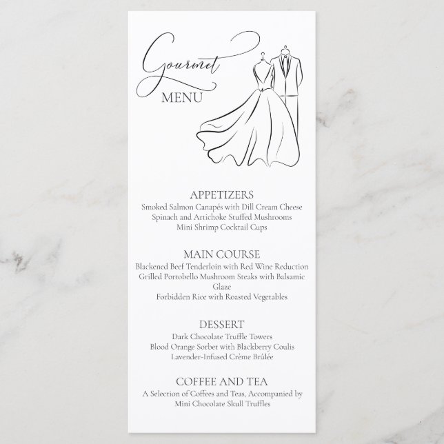 Menu Gourmet de Casamento de Vestido e Tux B&W Ele (Frente)