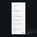 Menu Grace Black and White Modern Weds<br><div class="desc">Menu de casamento moderno com um design geométrico simples e mínimo, com uma linha vertical ao longo do lado esquerdo, com o menu em alinhamento esquerdo. Os cabeçalhos estão em um roteiro de escrita manual para um toque elegante. No canto inferior direito está seu monograma inicial sobre uma pequena linha...</div>