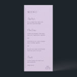 Menu Grace Lilac Modern Wedding<br><div class="desc">Menu de casamento moderno com um design geométrico simples e mínimo, com uma linha vertical ao longo do lado esquerdo, com o menu em alinhamento esquerdo. Os cabeçalhos estão em um roteiro de escrita manual para um toque elegante. No canto inferior direito está seu monograma inicial sobre uma pequena linha...</div>