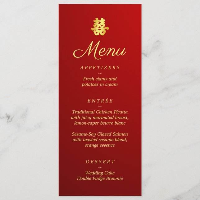 Menu Gradiente vermelho chinês casamento dupla felicida (Frente)