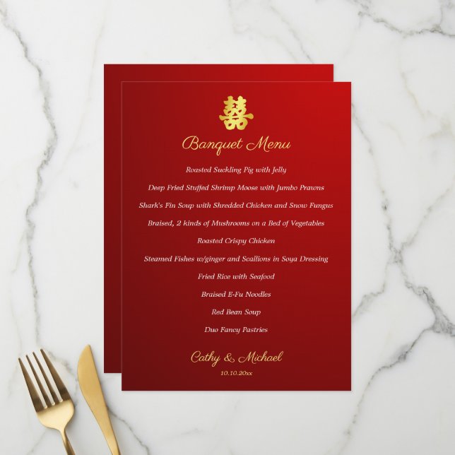 Menu Gradiente vermelho duplo felicidade casamento chin (Frente/Verso In Situ)