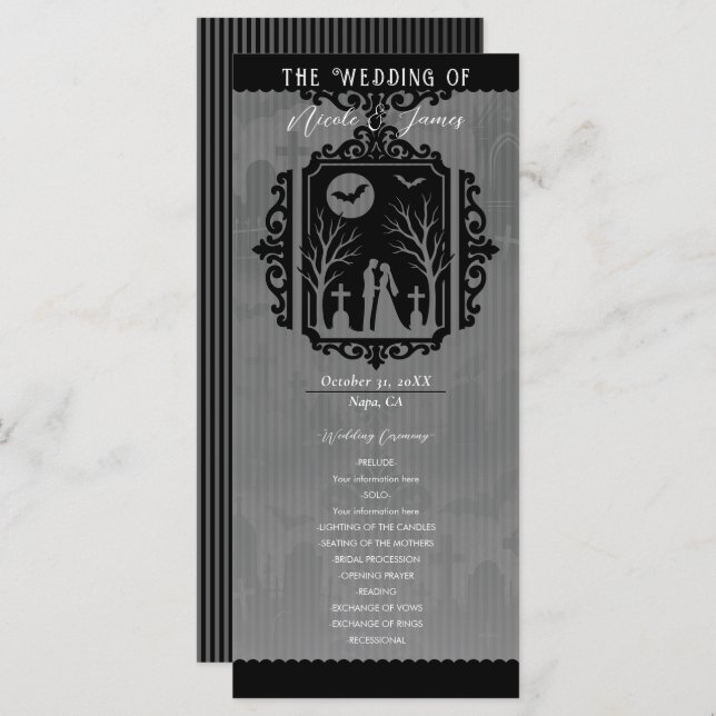 Menu Graveyard Vows Black & Cinza Gothic Weding Program (Frente/Verso)
