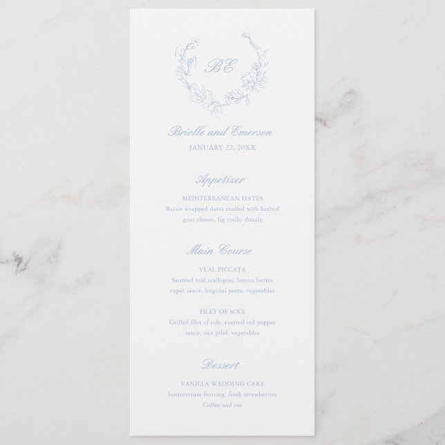 Menu Grinalda Monograma Azul Empoeirado Casamento Elega (Frente)