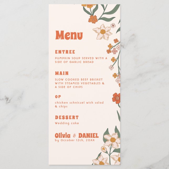 Menu Groovy Floral Vintage Retro Wedding (Frente)