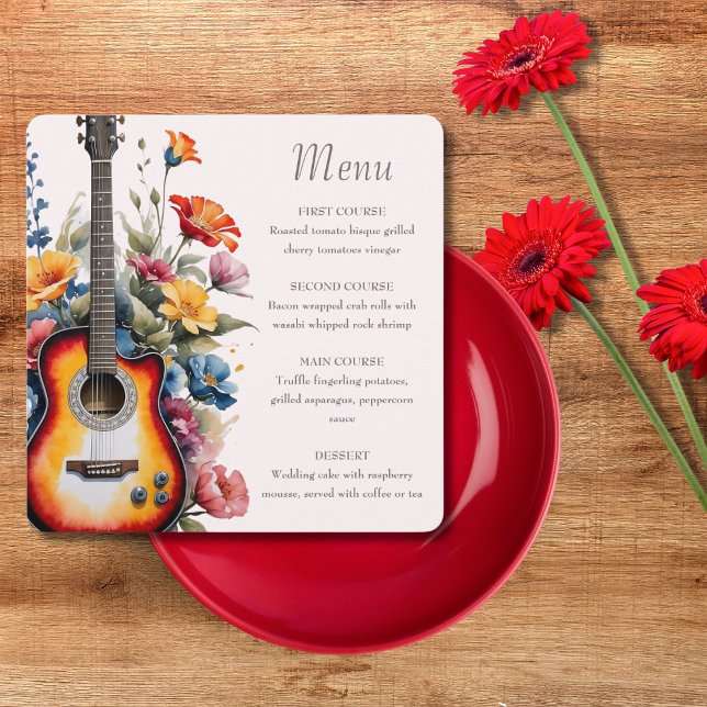 Menu Guitar Wildflower E Comercial Musical Casamento (Flat lay music theme wedding guitar wildflower meadow modern elegant Menu)