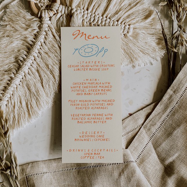 Menu Hand Drawn Blue Orange Whimsical Wedding (Criador carregado)