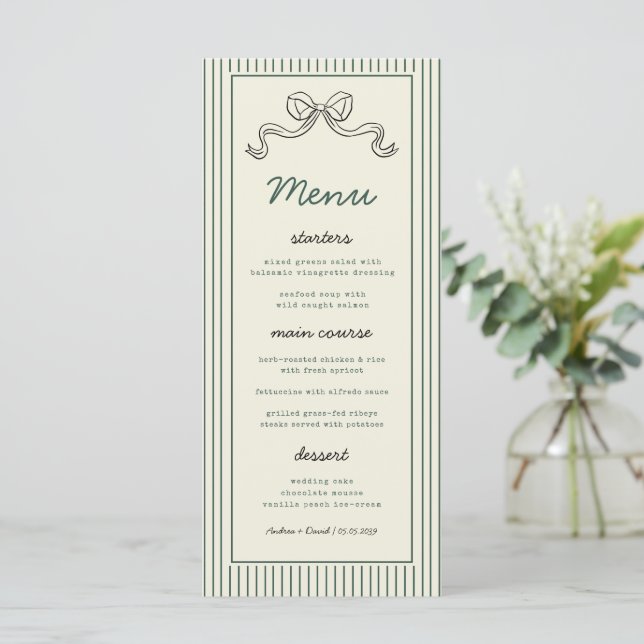 Menu Hand Drawn Bow Green Stripes Vintage Wedding (Em pé/Frente)