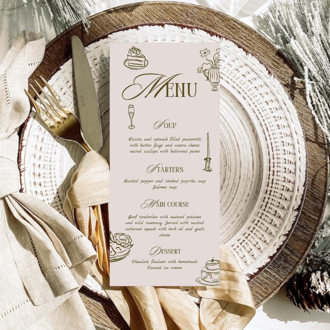 Menu Hand Drawn Green Retro Illustrated Dinner Wedding (Criador carregado)