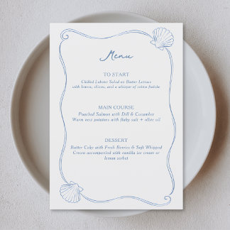 Menu Hand Drawn Seashells Coastal Blue and White