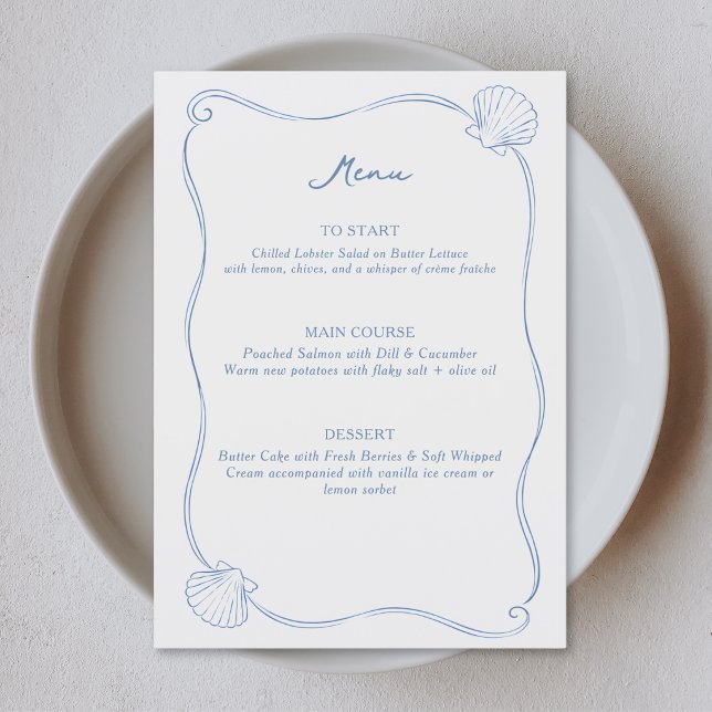 Menu Hand Drawn Seashells Coastal Blue and White (Criador carregado)