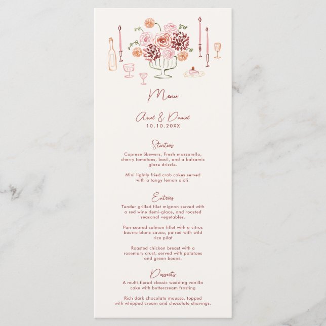 Menu Hand Drawn Whimsical Tabletop Burgundy Wedding (Frente)