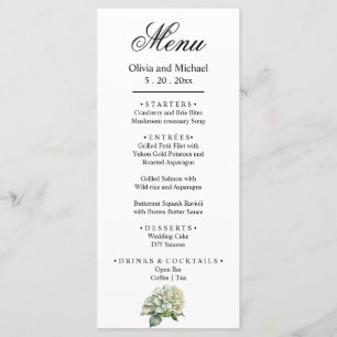 Menu Hídrangas florais de cor branca esverdeada Elegant