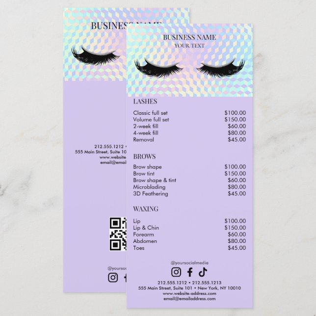 Menu Holographic Lashes Salon Price List (Frente/Verso)