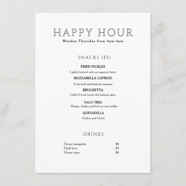 Menu Hora Feliz Minimalista Moderna (Frente)