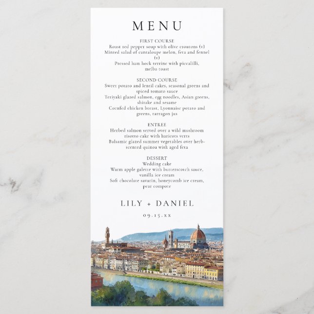 Menu Horizonte de Florença Aquarela Casamento Elegante (Frente)