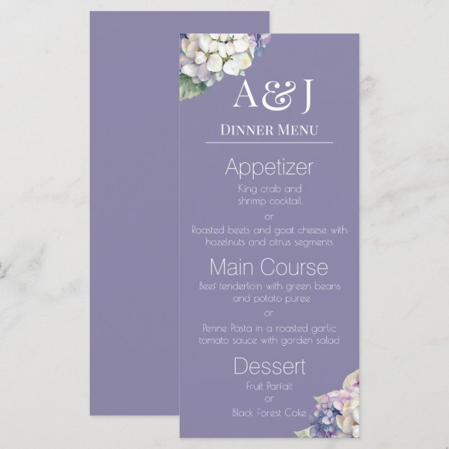 Menu Hortênsias Roxas e Brancas Monogramadas em Lavanda (Frente/Verso)