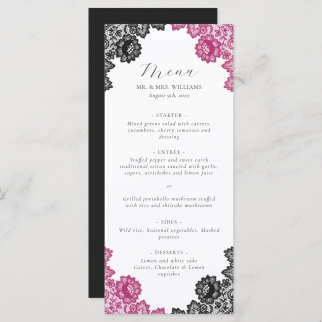 Menu Hot Pink and Black Floral Lace Wedding (Frente/Verso)