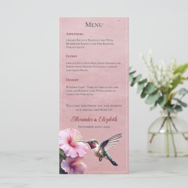 Menu Hummingbird e Hibiscus | Casamento Rosa (Em pé/Frente)
