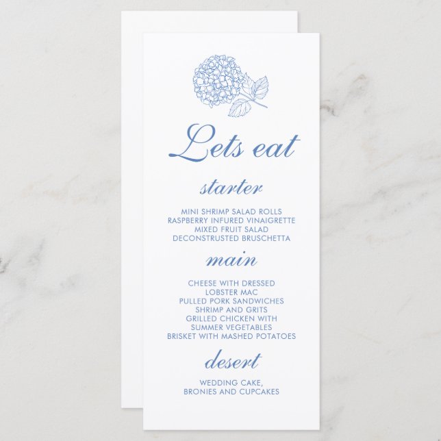 Menu Hydrangea Dusty Blue Floral Casamento (Frente/Verso)