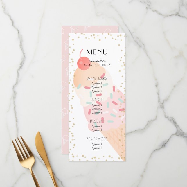 Menu Ice Cream Cherry Pink Girl Baby Shower (Frente/Verso In Situ)