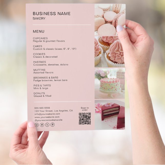 Menu Ícones de QR de Fotografia de Folha Personali (Pink Bakery Menu with Photos & QR Code Flyer)