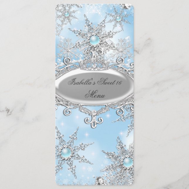 Menu Icy Blue Princess Winter Wonderland Sweet 16 (Frente)