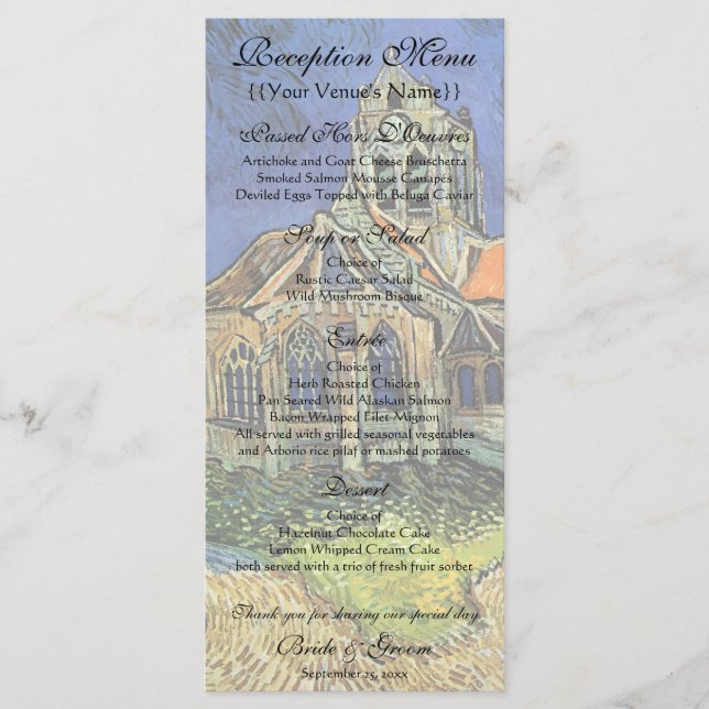 Menu Igreja em Auvers de Vincent van Gogh Casamento (Frente)